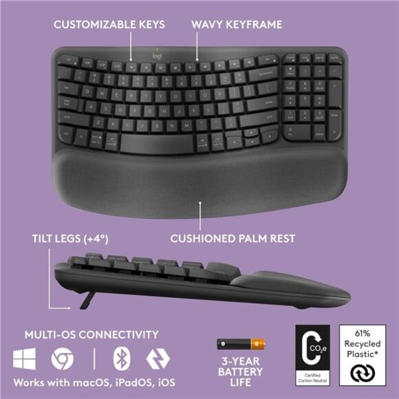 Logitech Wave Keys MK670 Combo, Wireless Ergonomic Keyboard, Signature M550 L - Picture 6 of 7